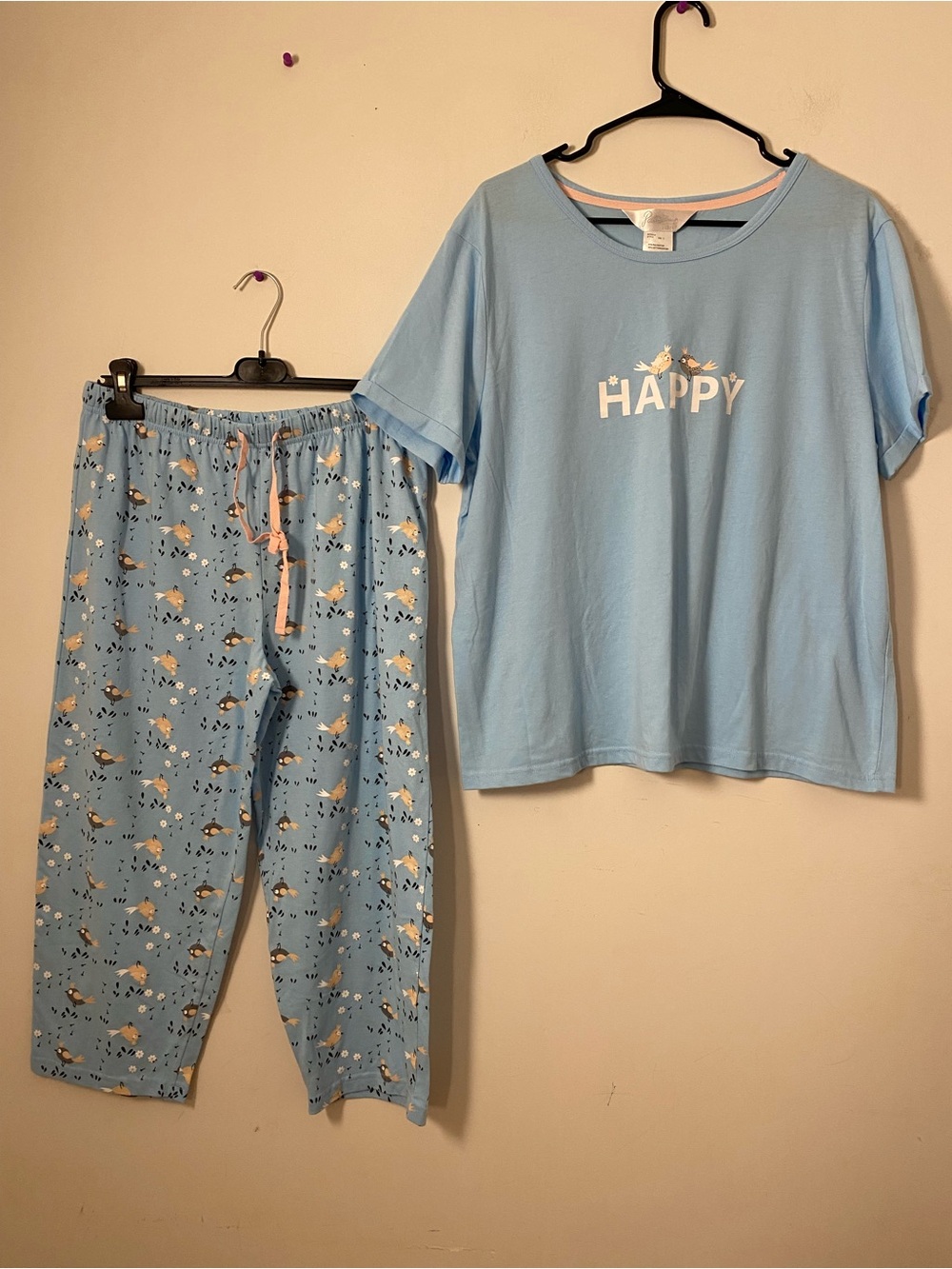 Light Blue 'Happy' Cotton blend Pajama Set for Women in Size XL